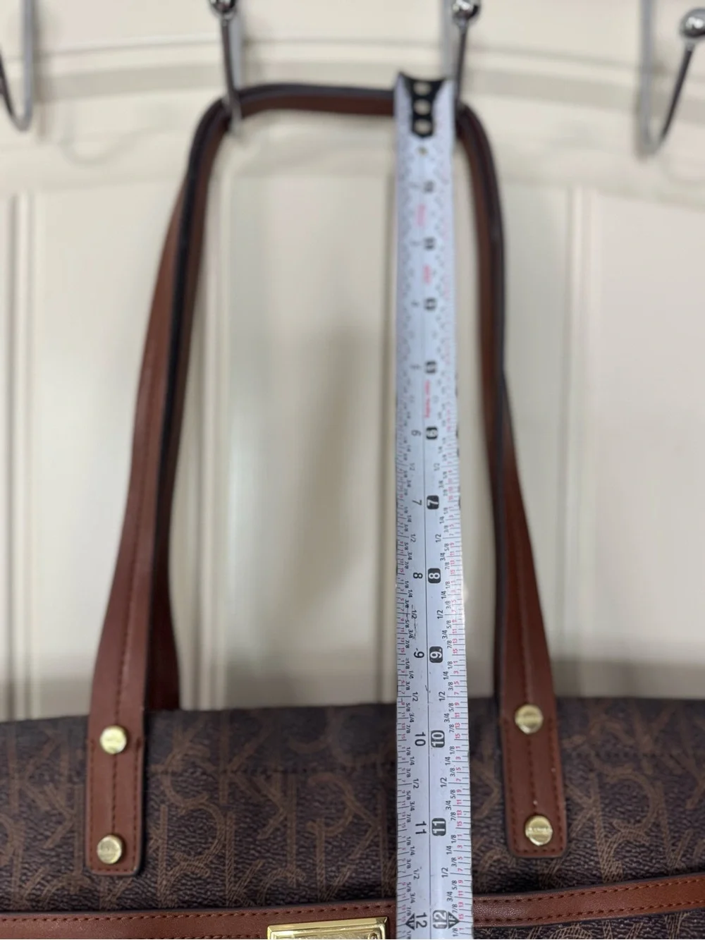 CALVIN KLEIN 🌟 Brown, Gold Monogram Logo Shoulder Tote, Dual Straps - Like NEW